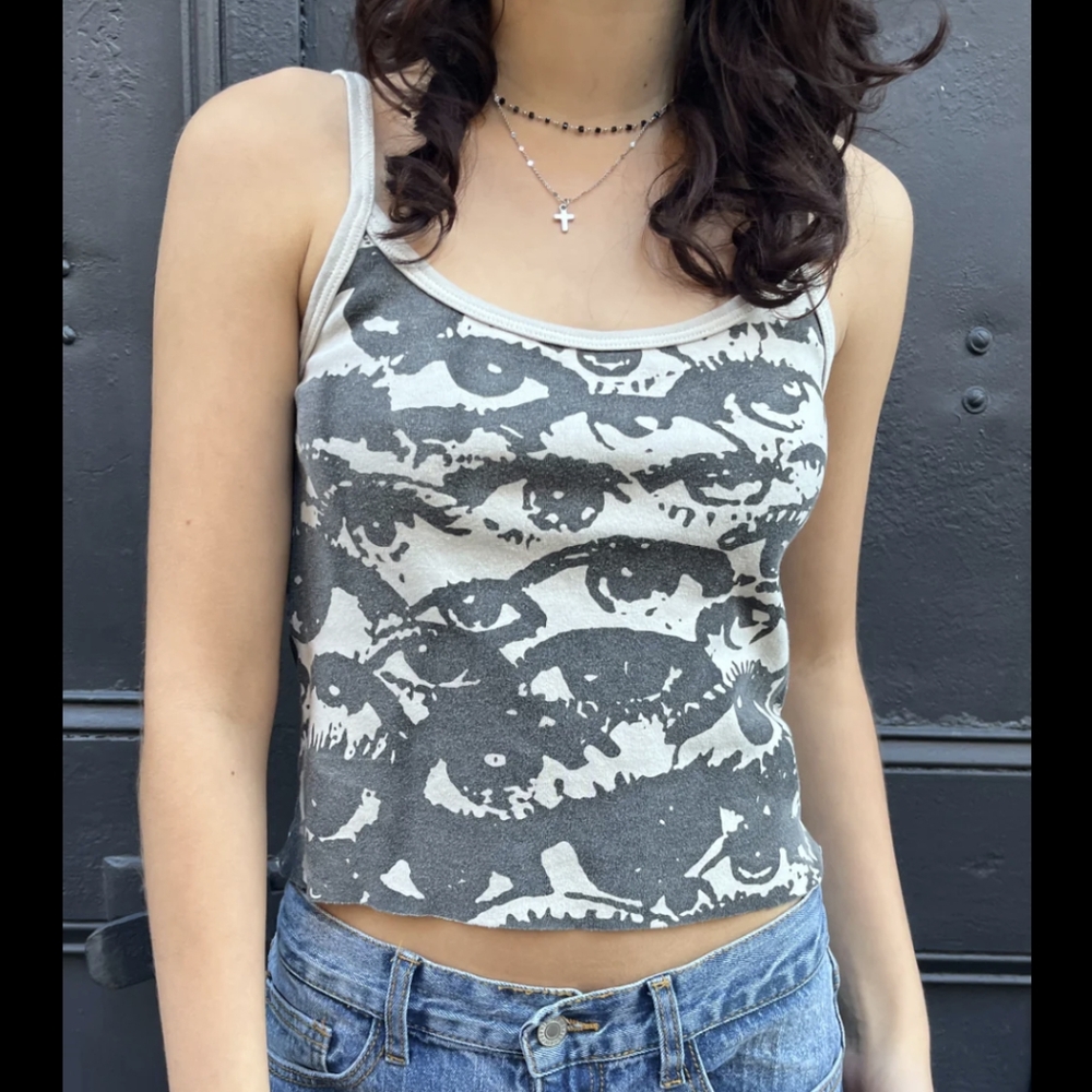 Brandy Melville off white gray eye print cropped tank top one size